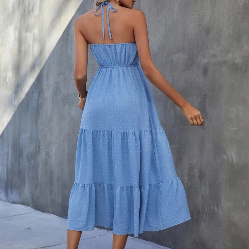 Bohemian Blue Swiss Dot Halter Ruffle Midi Dress - Picture 4 of 5
